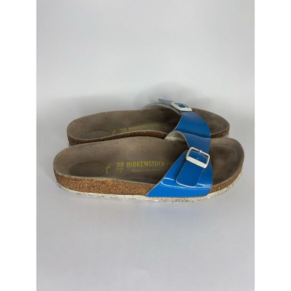 Birkenstock Madrid Blue Patent Leather Slides Sandals Women Sz 38EU/7-7.5M US - Picture 1 of 13